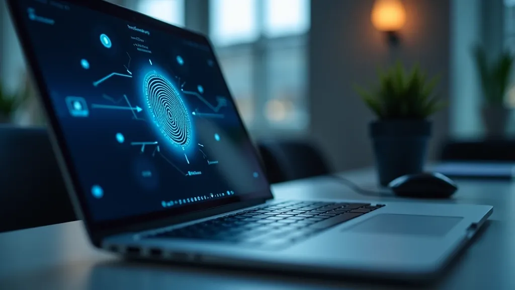 Close-up of laptop security features including fingerprint sensor, encryption software interface, and hardware keys