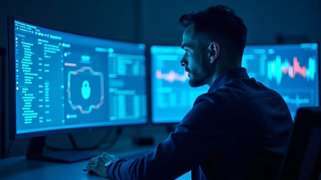 Advanced cybersecurity monitoring center with professional analysts reviewing security systems