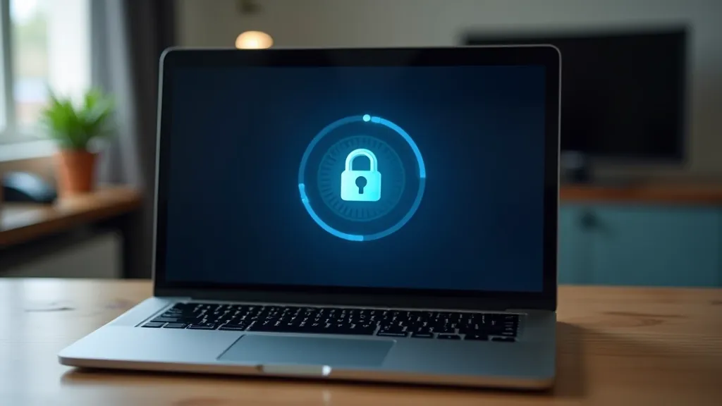 Modern laptop with security lock icon displayed on screen, dark theme interface, close-up of keyboard and display