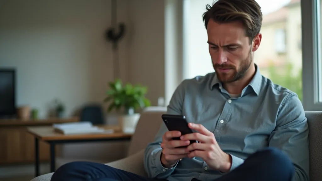 Person receiving suspicious text message on phone screen with warning alert