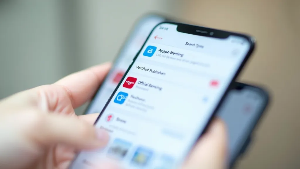 Multiple smartphone screens showing app store interface with app verification badges